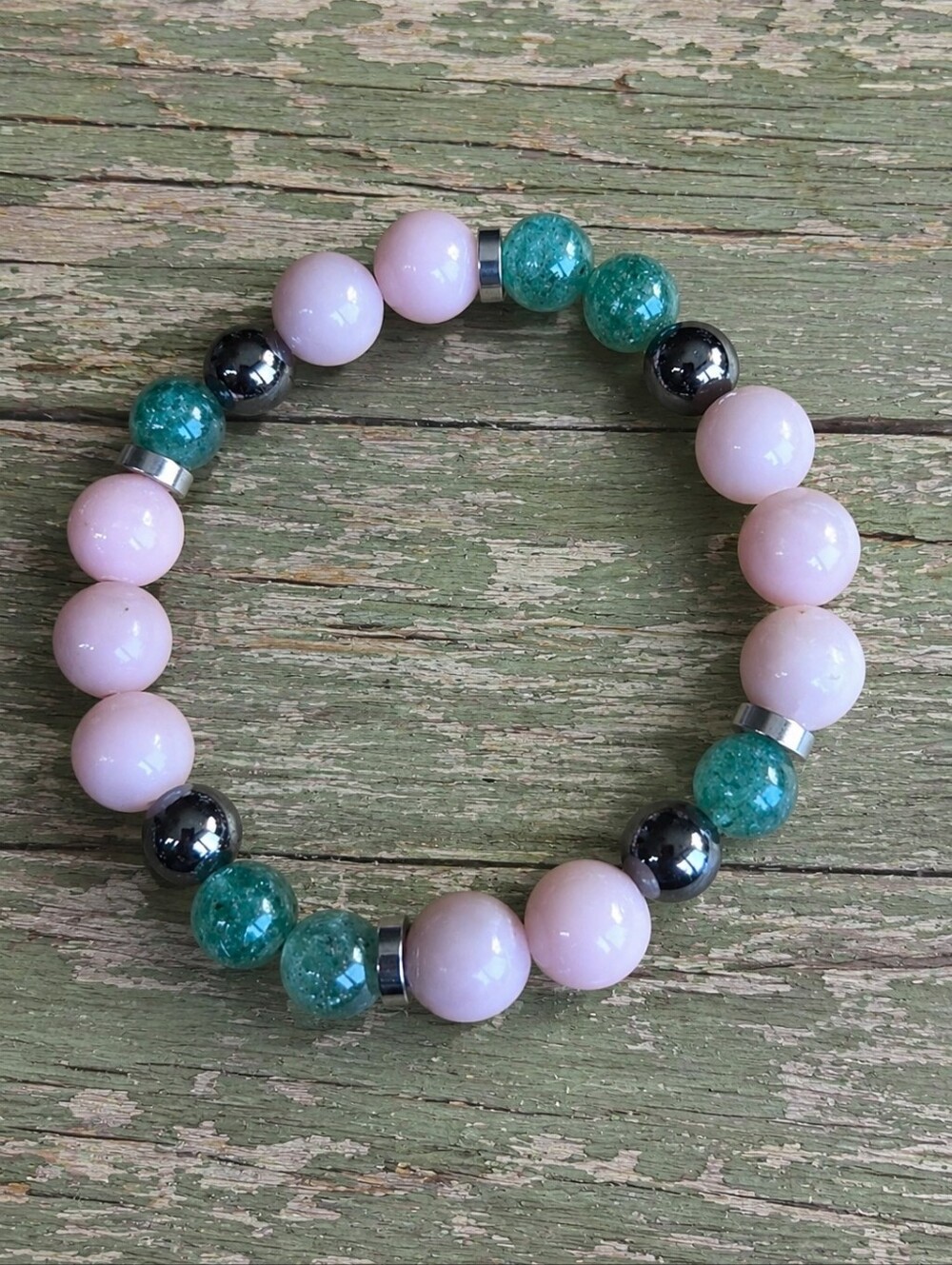 Pink Opal & Green Strawberry Quartz Beaded Stretch Bracelet | Handmade